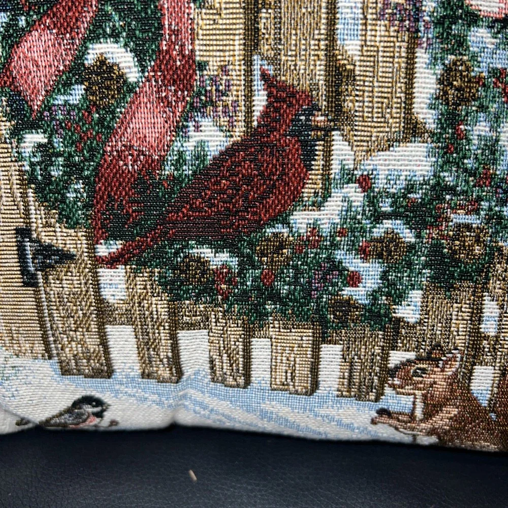 Tapestry Pillow Winter Wreath On Wooden Fence With /Squirrels Holiday Christmas